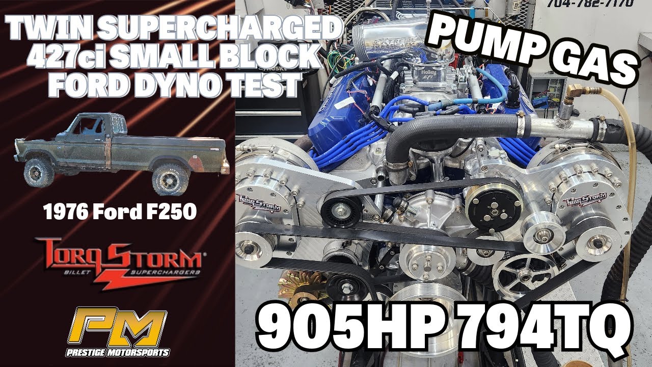 Pump Gas 905HP Twin TorqStorm Supercharged 427 Ford Dyno Test for Jake's '76 F250 at Prestige