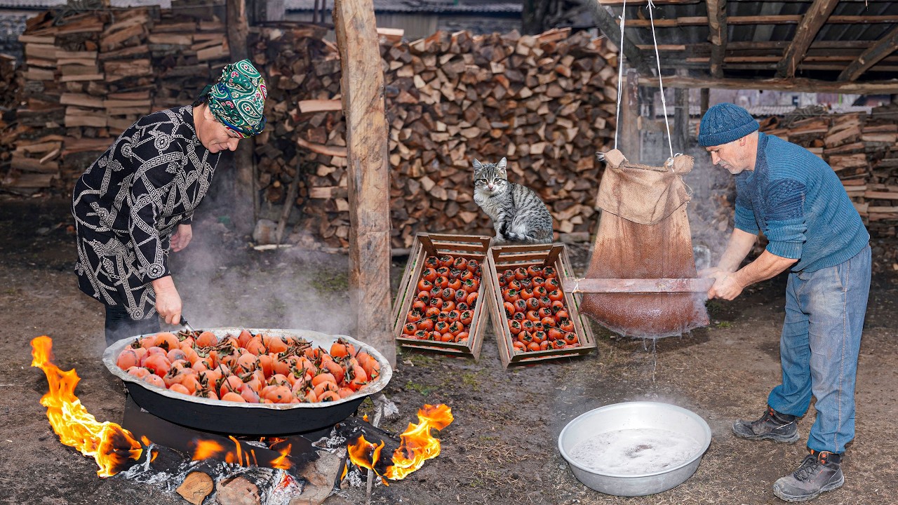 Сбор свежей красной хурмы - Традиционное приготовление блюд с патокой в ​​деревне