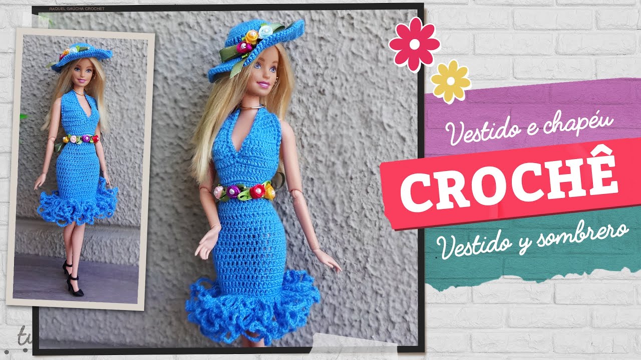 Vestido e Chapéu de Crochê para Bonecas