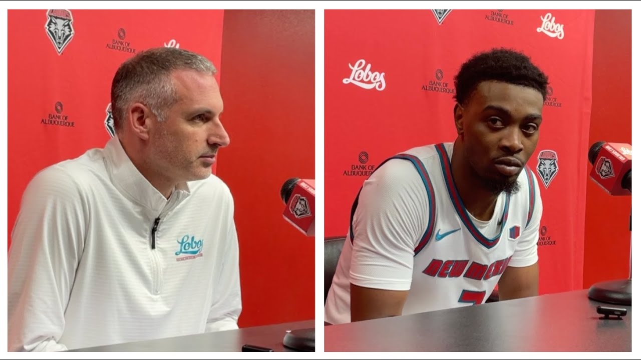 UNM Lobo coach Eric Olen and guard Tajavis Miller after losing to Utah State (Feb. 4, 2026)
