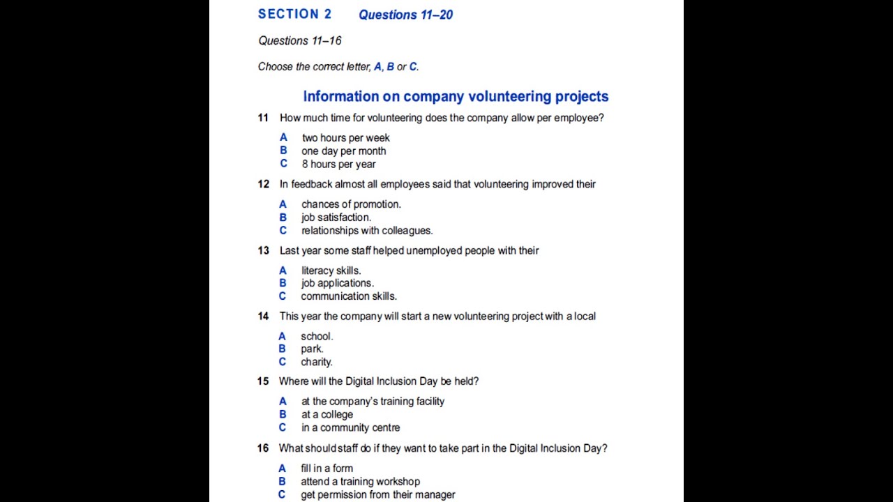 IELTS Listening Practice Section-2(Information on company volunteering projects) with answers