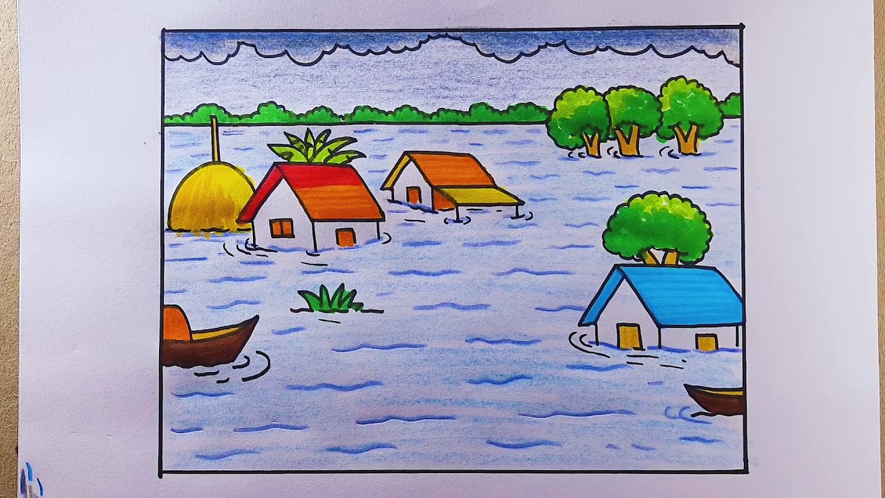 Easy Flood Affected Village Scenery Drawing | Flood Disaster Drawing with Pencil Colors