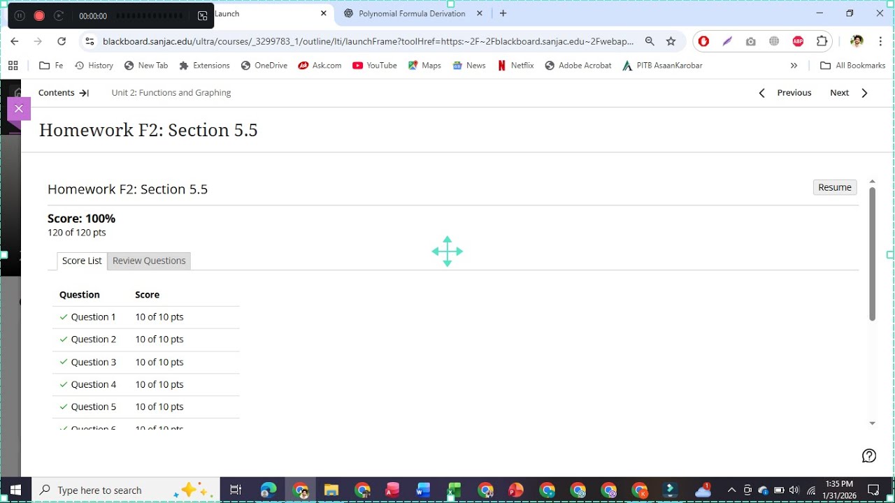 Homework F2 Sections 5-5 | Unit 2 Functions and Graphing | College Algebra MATH | Blackboard Learn