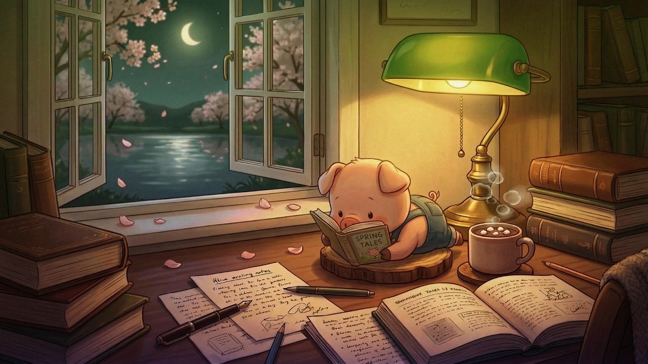 Cozy Desk Study 🌸 Relaxing Night Jazz & Spring Breeze with Pippin