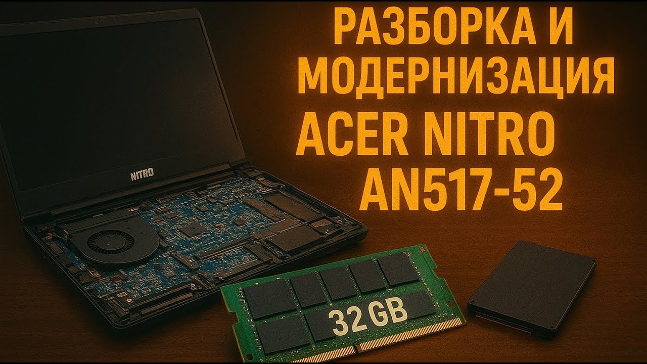 Разборка и модернизация/Upgrade ноутбука Acer Nitro AN517-52 ставим 32GB ОЗУ/DRAM, добавляем SSD m.2