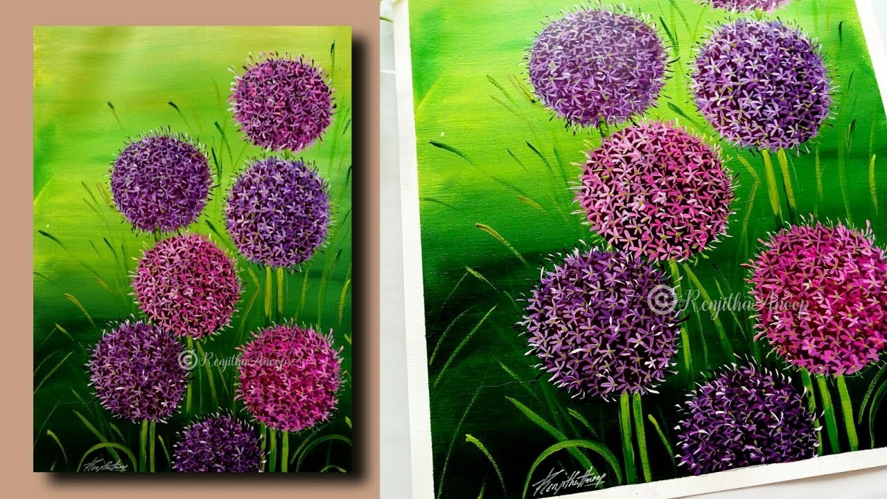 acrylic painting | step by step flower painting tutorial | painting purple allium flowers