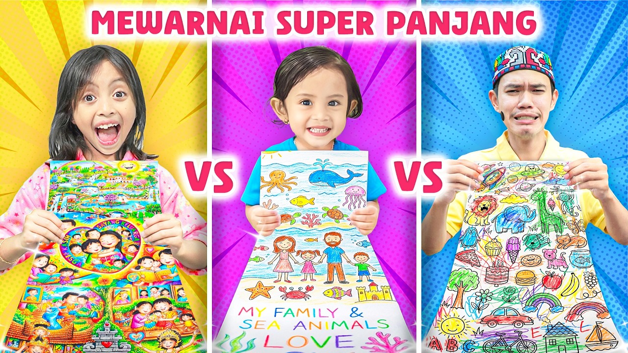 CHALLENGE MEWARNAI GAMBAR SUPER PANJANG!! 🎨 Leika VS Lexie VS Tompel… Siapa yang Menang?! 😱