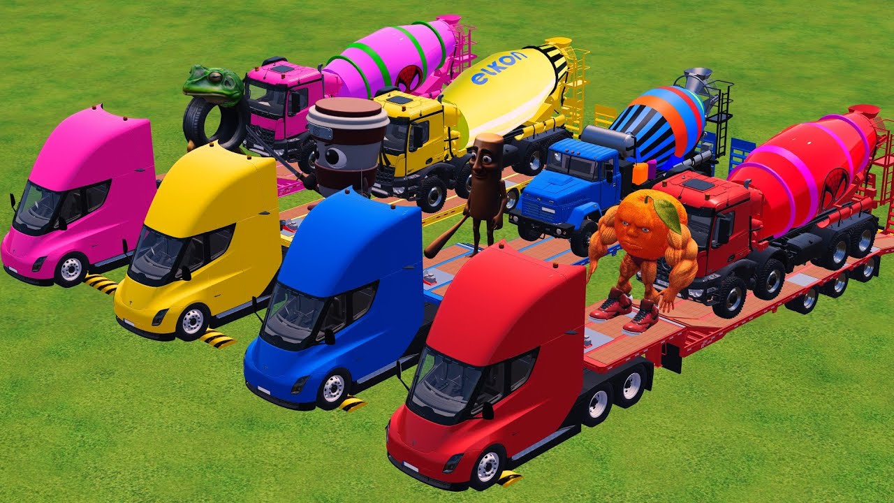 Trucks With COLORS - MERCEDES MIXER TRUCK and IVEOC DUMP TRUCK with FLATBED TRAILER TRUCK - FS22