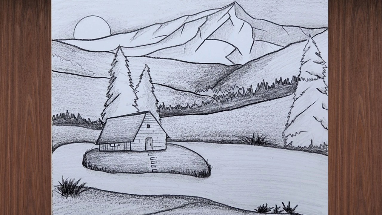 a view of a house standing alone Decked out among the mountains | Landscape drawings 45