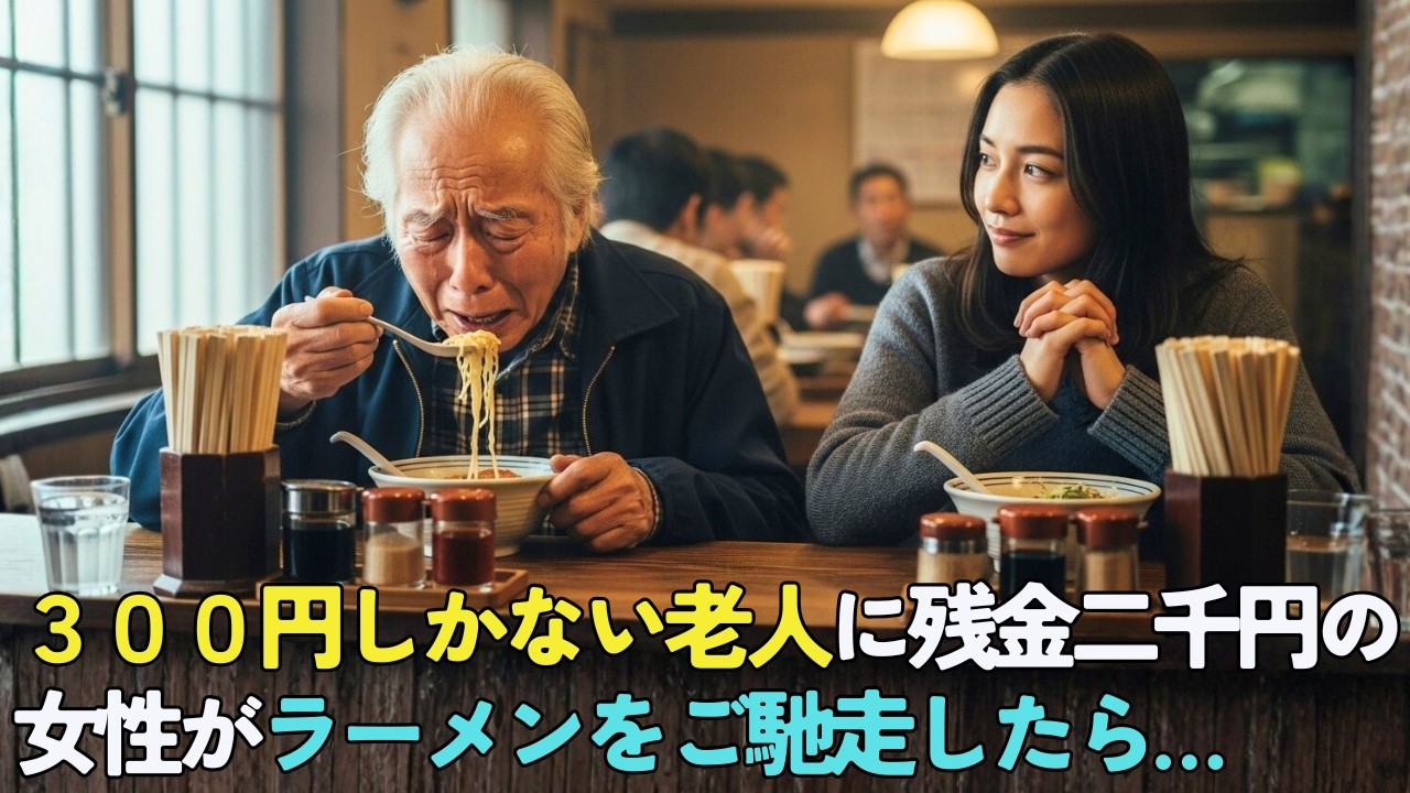 今月の残金2000円の女性→値上がりして半ラーメン400円が食べられない老人に500円渡して800円のラーメンをご馳走した結果→1ヶ月後、黒塗りの高級車が現れて…【感動する話】
