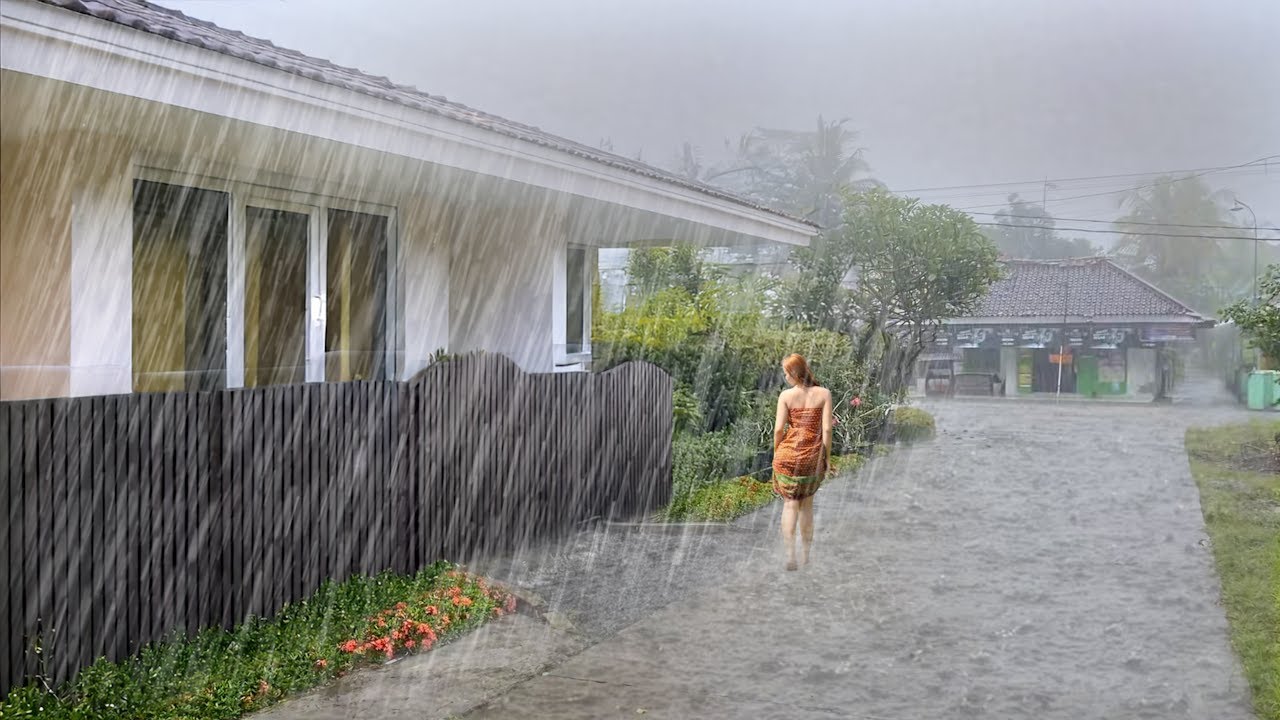 Heavy Rain, I Open My Umbrella and Walk in the Quiet Village|| Very Pleasant Atmosphere|| Rain Drum