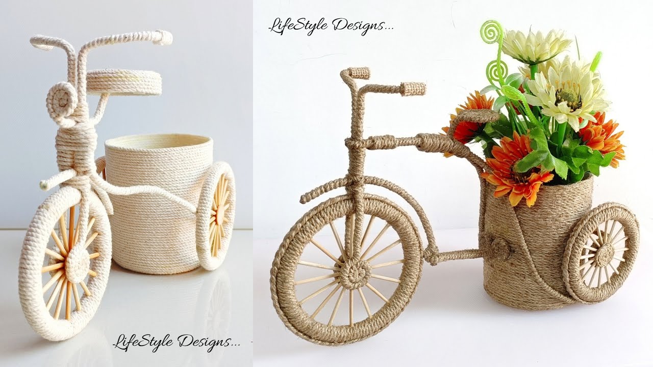 Jute Tri-Cycle Flower Vase | DIY Planter with Cotton rope | DIY Craft Decoration Ideas | Flower Vase