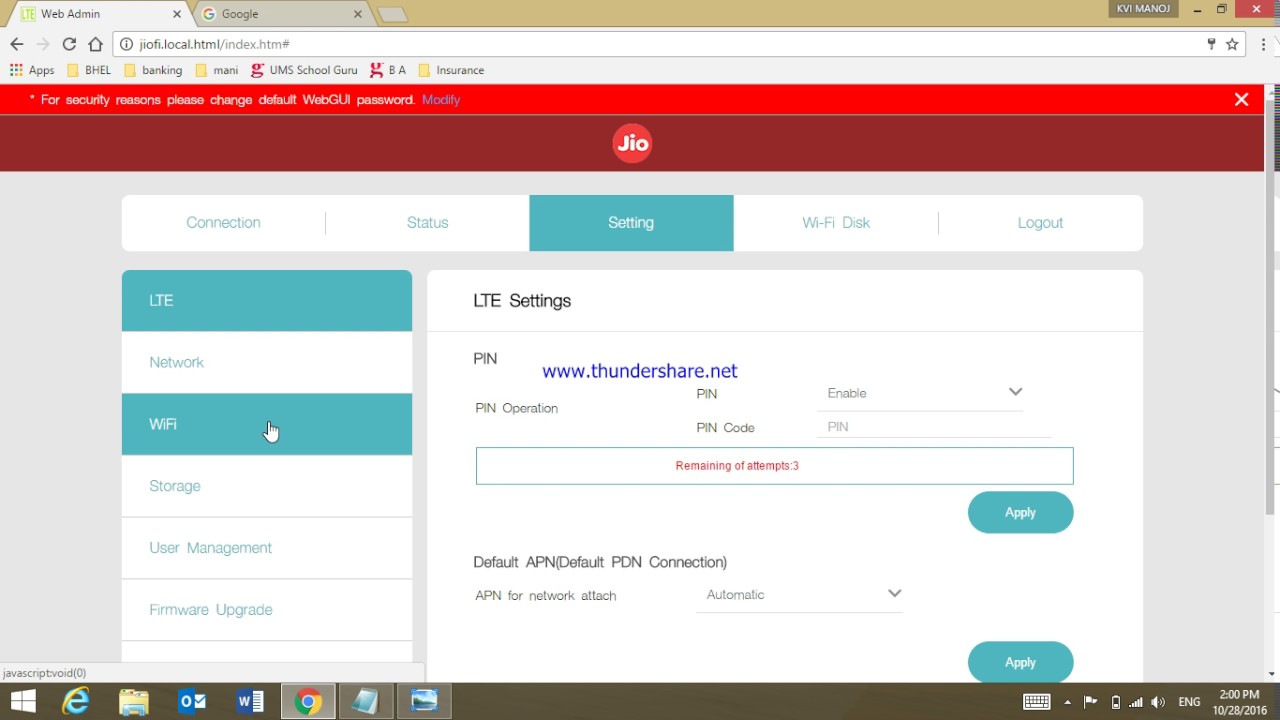 how to change jiofi password