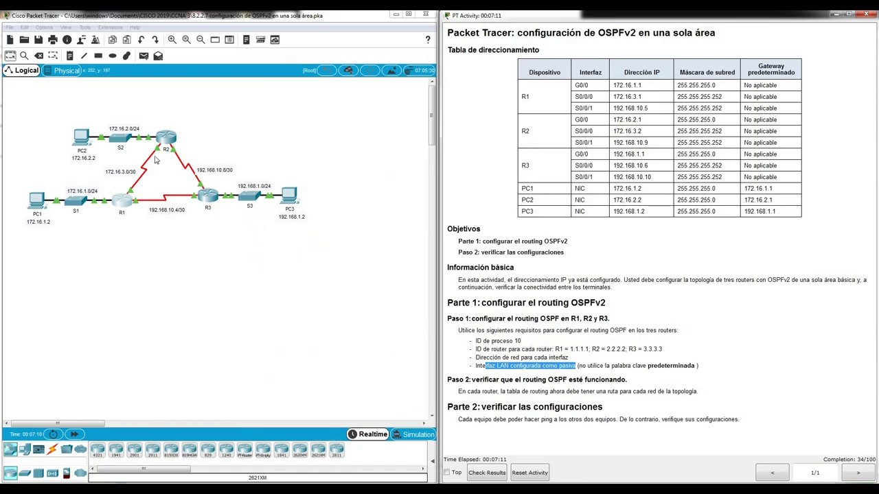 Tutotial y solución | Cisco Packet tracer 8.2.2.7 | configuración de OSPFv2 en una sola área