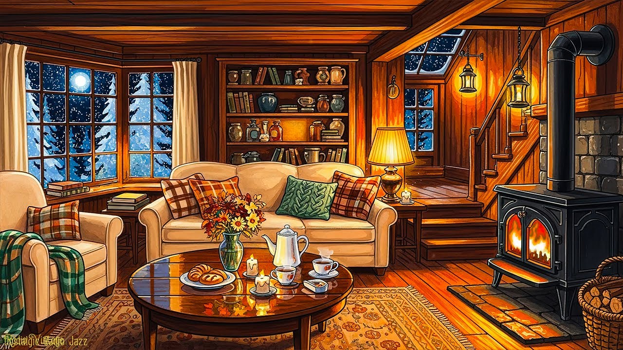 a warm winter night 1930s and you're listening to vintage music on a cozy reading nook ambience