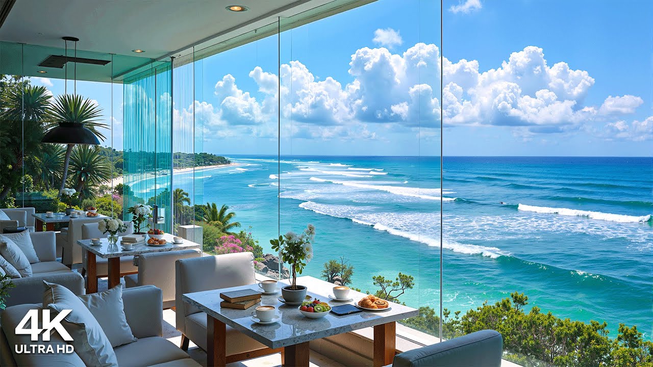 Seaside Morning Jazz Ambience ~ Upbeat Bossa Nova Piano Music & Crashing Waves Sound for Great Moods