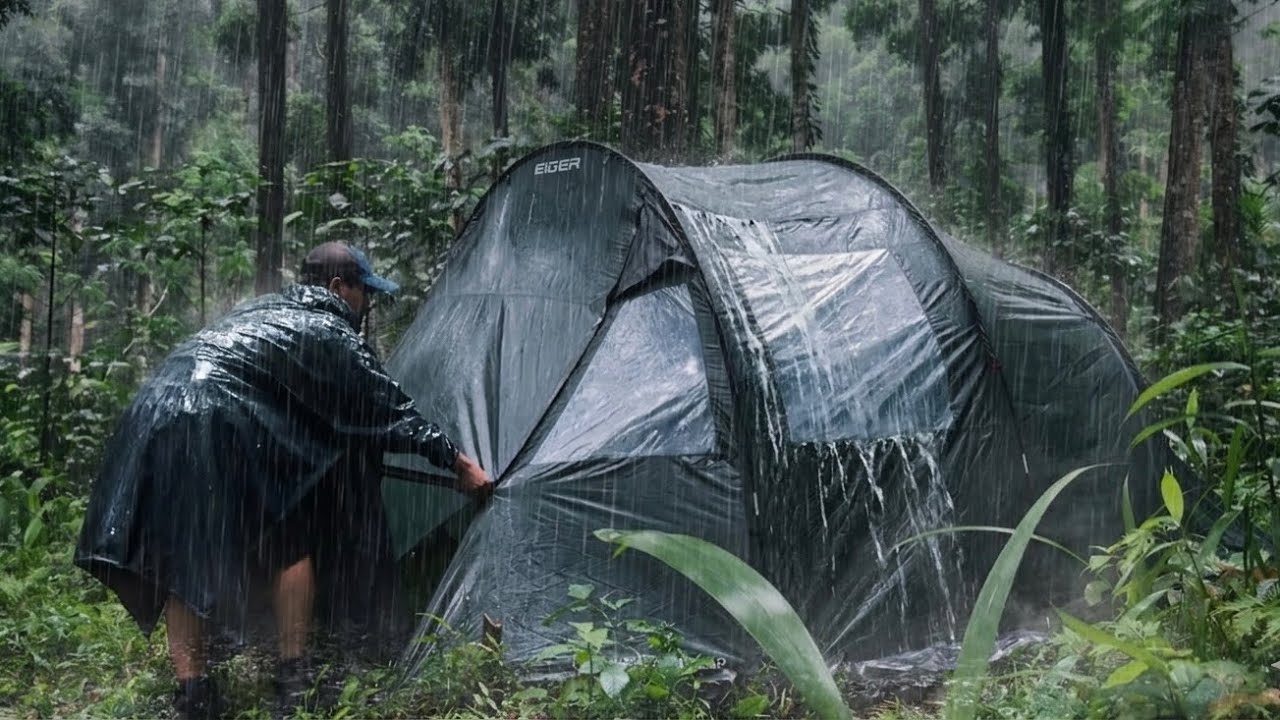GIANT TENT IN HEAVY RAIN || NOT SOLO CAMPING IN HEAVY RAIN WITH GIANT TENT