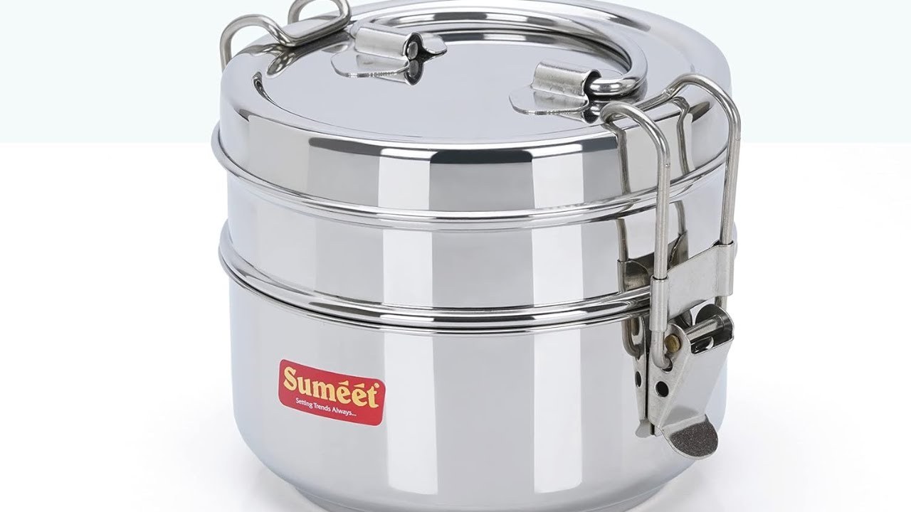 Sumeet Stainless Steel 2 Compartment Lunch Box/Tiffin with Lid, Handle, 13Cm Dia, (1300ML, Silver)