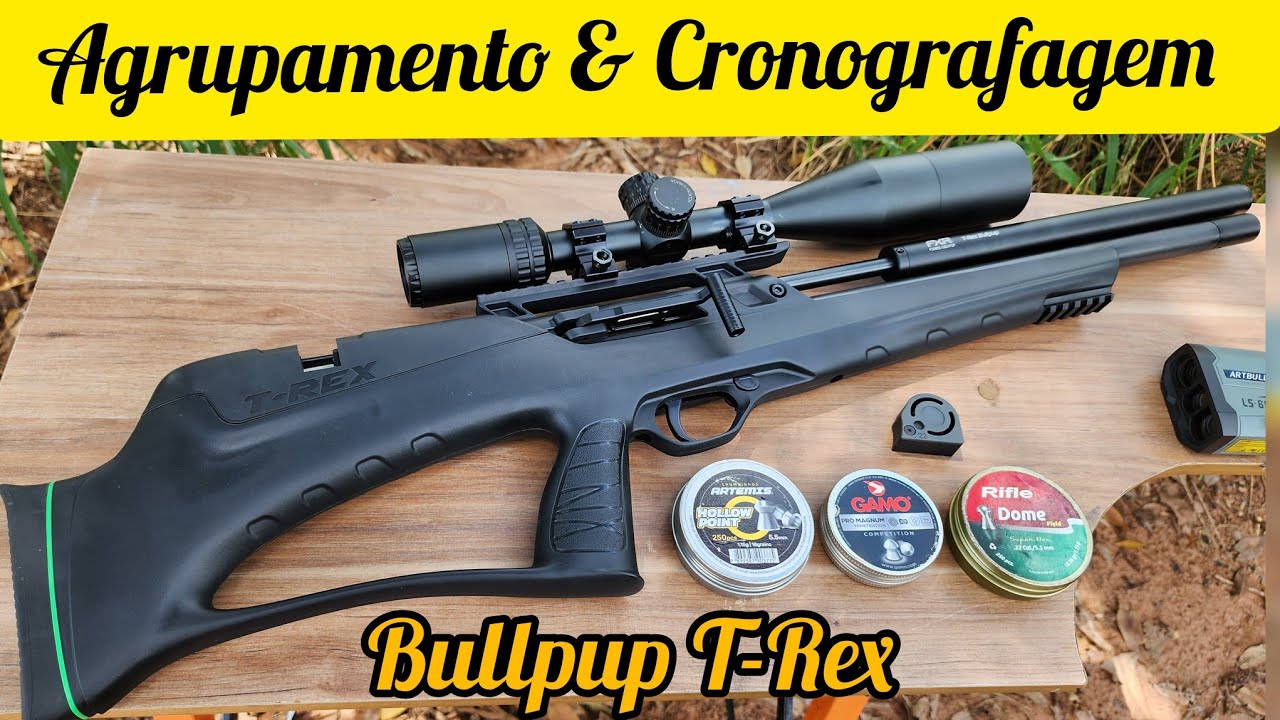 AGRUPAMENTO BULLPUP T-REX E CRONOGRAFAGEM COM RIFLE DOME, GAMO PRO MAGNUM E ARTEMIS HOLLOW POINT