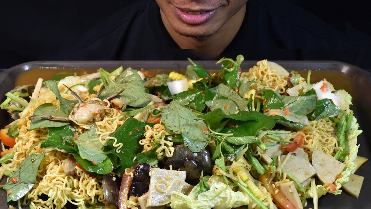 ASMR Mukbang Spicy Papaya Salad, Noodles With Recipe , Som Tam Pla Ra, EATING SOUNDS