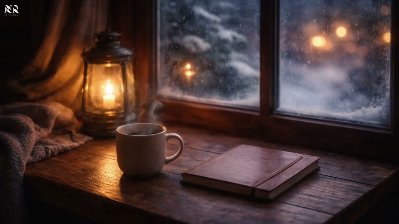 A Cozy Winter Window Desk Ambience | Christmas Lofi Music and Gentle Fireplace for Writing & Study
