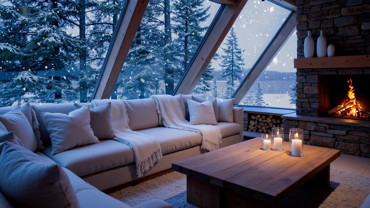 Winter Piano Night Ambience ❄️🎹 | White Room Fireplace & Snowy View for Peaceful Sleep