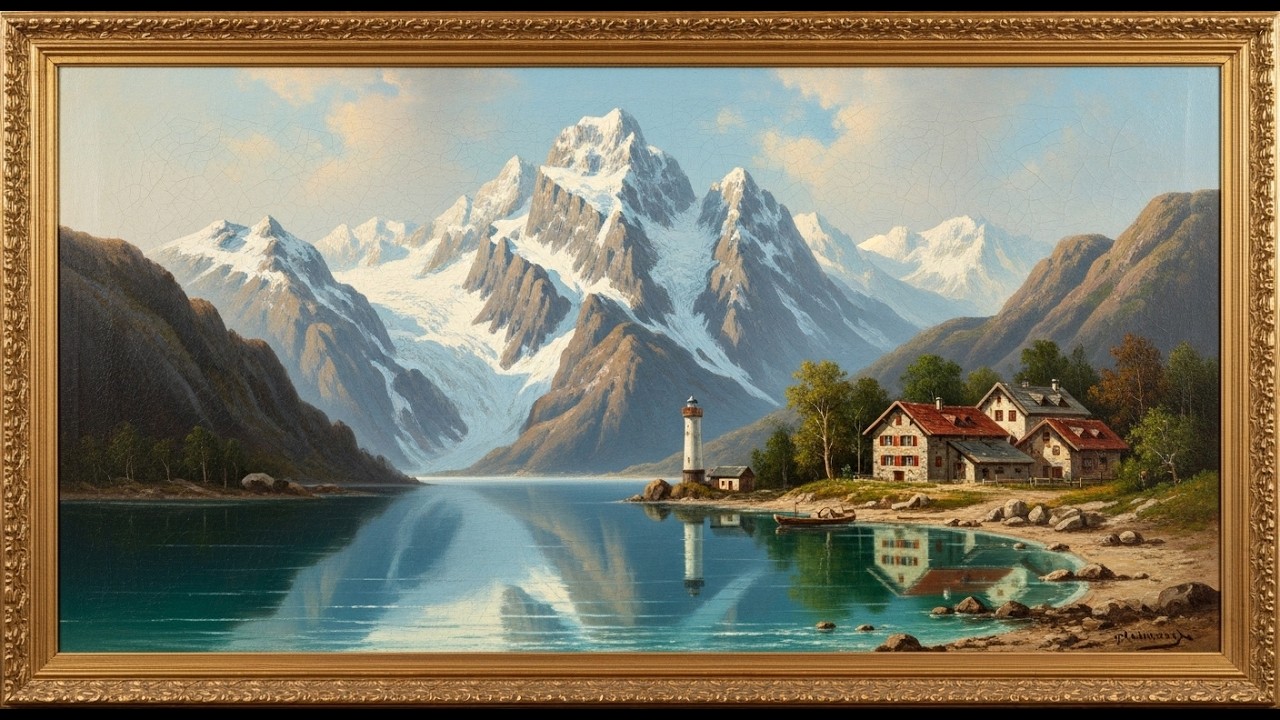 Vintage Alpine Village Reflection | 4K Digital Canvas Wallpaper | Romantic Switzerland Art