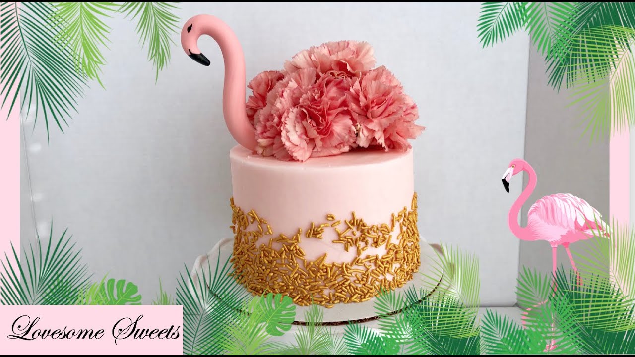 FLAMINGO CAKE (tutorial on making chic pink, gold flamingo birthday/ bachelorette cake with flowers)