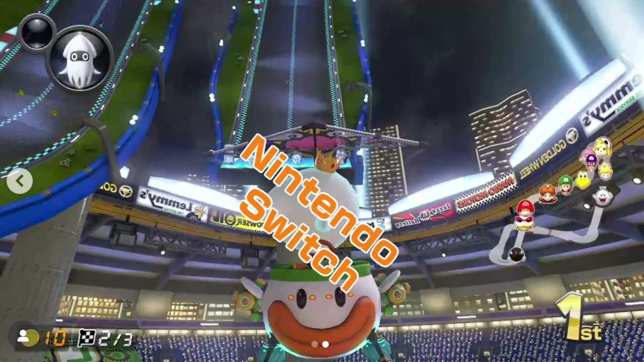King Boo upon the Koopa Clown Car in Mario kart Stadium circuit!