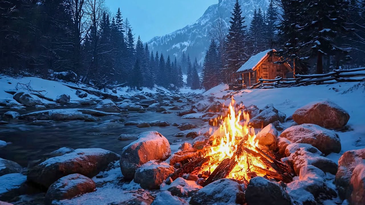 Frosty Fireside Bliss ❄️🔥 Warm Winter Cabin Retreat | Serene River Sounds for Calm and Focus