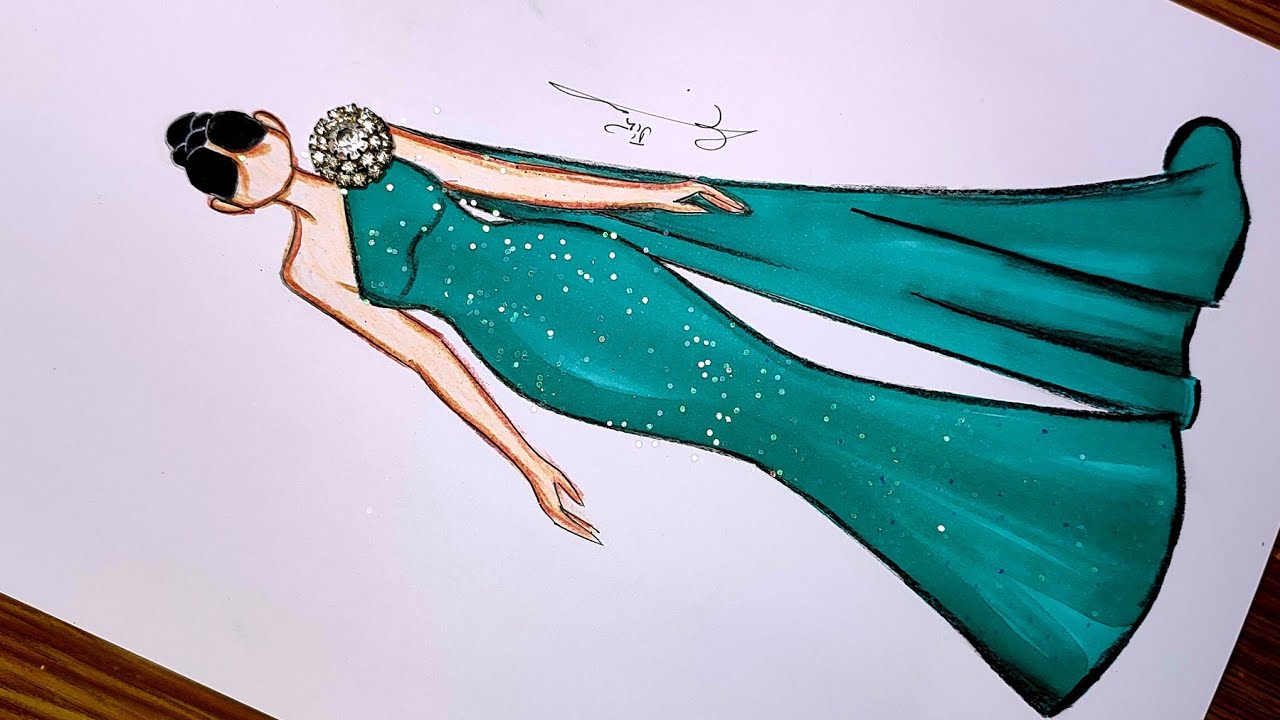 رسم فستان سهرة مستوحى من الساري الهندي ✨ سهل جدا بالخطوات| رسم فساتين| تعليم رسم الأزياء