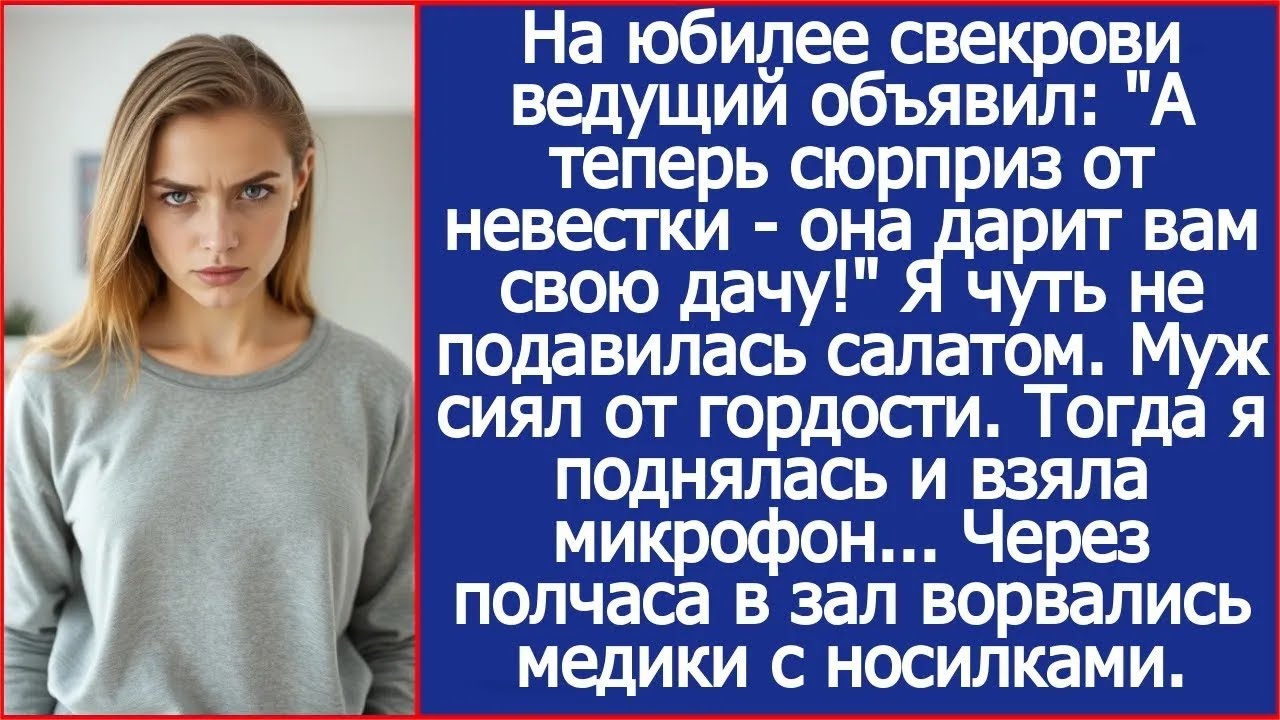 На юбилее свекрови ведущий объявил  А теперь сюрприз от невестки   она дарит вам свою дачу!