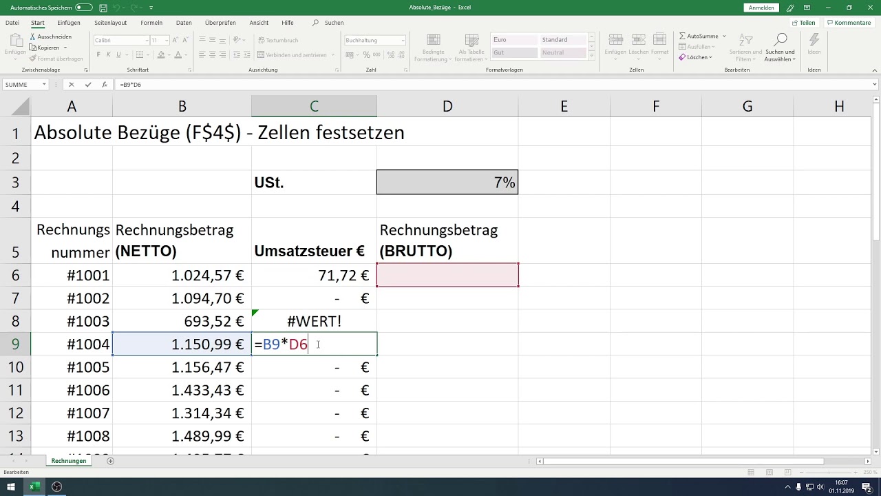 Excel - Absolute Bez&uuml;ge - mit $-Zeichen festsetzen