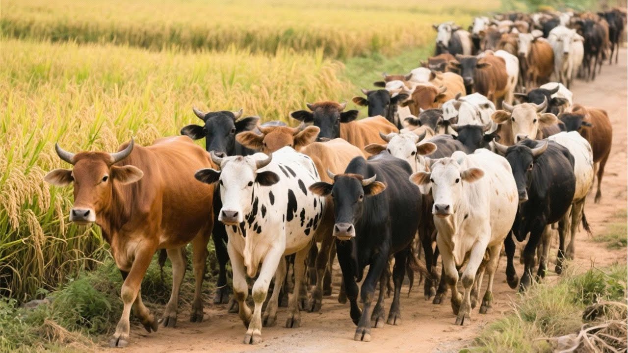 Happy cows calling each other to eat in the ripe rice field - Cow sounds - Cow videos