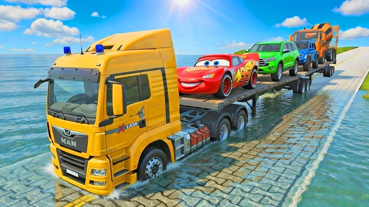 Flatbed Truck vs Giant Pothole Carrying McQueen BeamNG Drive 01