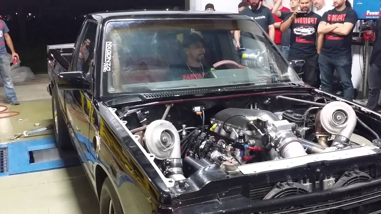 Flaco Performance twin turbo S-10 dyno pull.