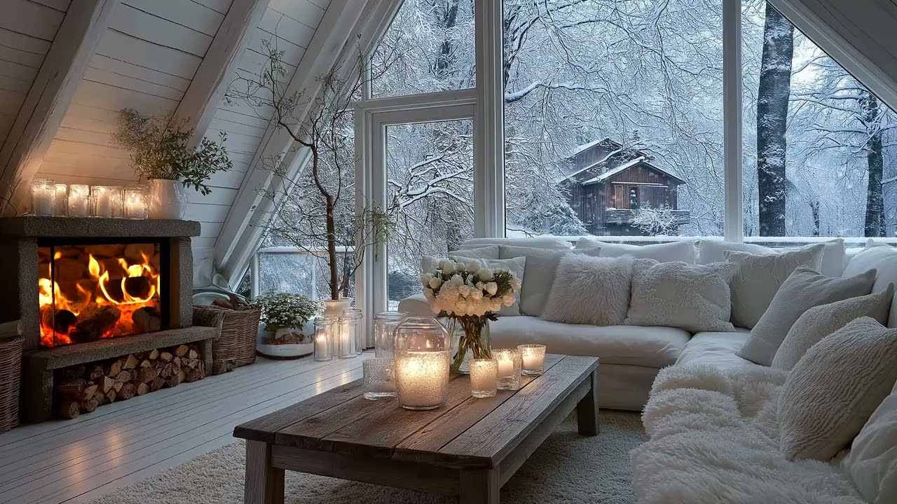 🤍🔥Peaceful Winter Piano | White Lounge Fireplace & Falling Snow | 5 Hours Anxiety Relief Focus Study