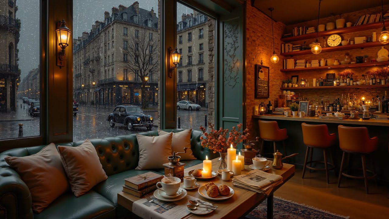 Rainy Paris Jazz ☕ Cozy Bookstore Coffee Shop Ambience & Soft Jazz Piano for Relaxing and Calm Night