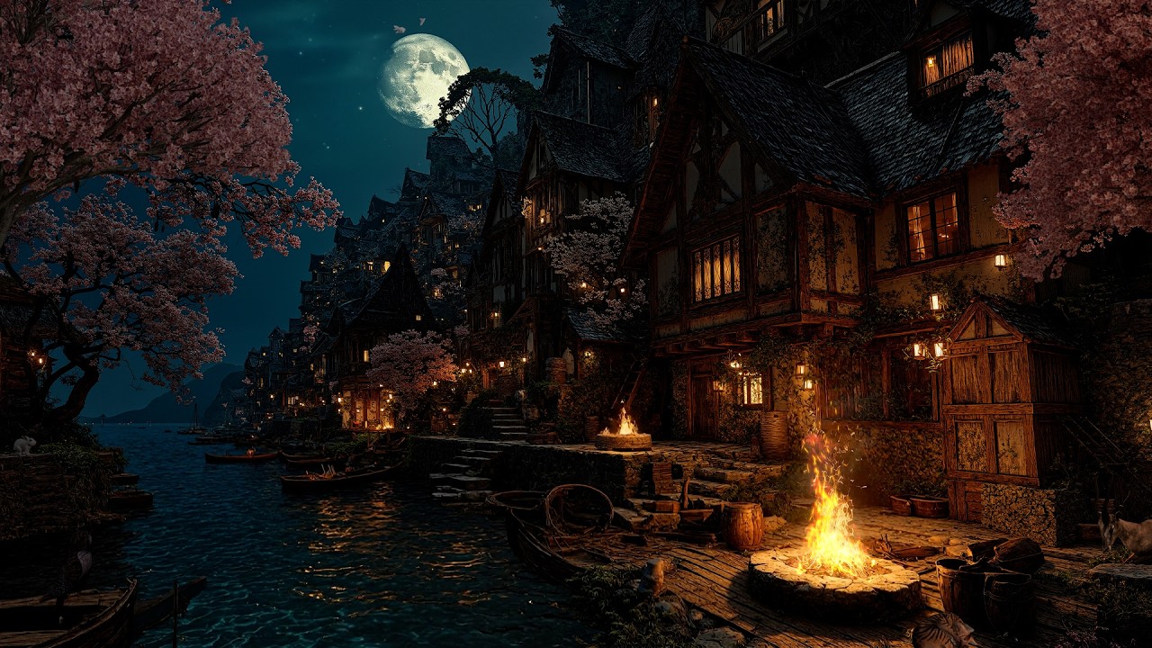 Medieval Village Spring Night Ambience |Medieval River Village Sounds at Night, Crickets, Owl Sounds