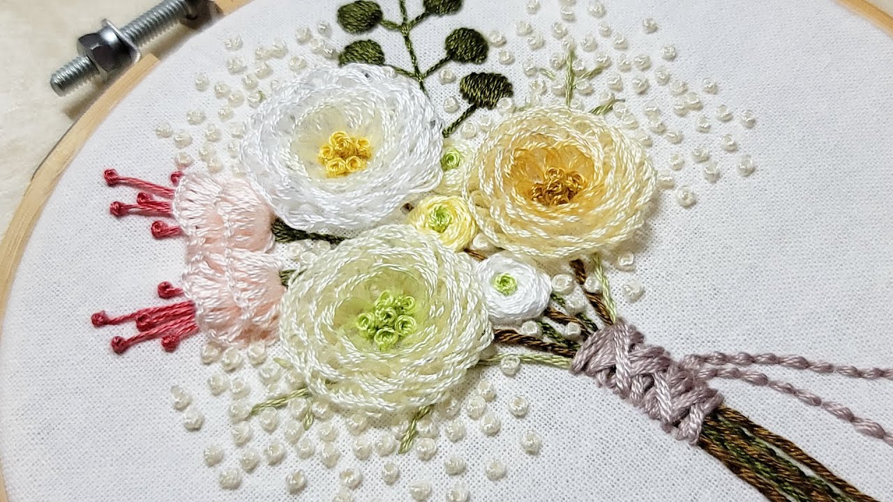 프랑스자수 / 루프드 블랭킷 스티치 꽃다발 자수 Looped Blanket Stitch Flower Bouquet Embroidery