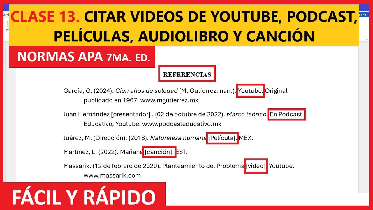 CLASE 13. CITAR VIDEOS de YOUTUBE, PODCAST, PELÍCULA, AUDIOLIBRO, CANCIÓN | NORMAS APA 7ma. ED.