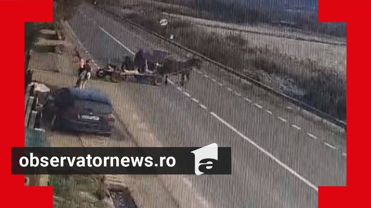 Momentul în care un Audi spulberă o căruţă, în Cluj. Calul a fost aruncat peste parbriz; un rănit