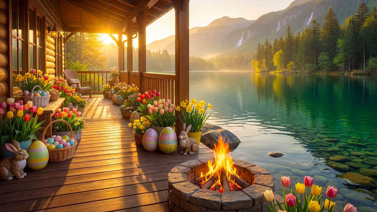Easter Sunrise Lake Cabin Ambience 🐰🌸 Soft Water Sounds, Warm Fire & Peaceful Nature Sounds