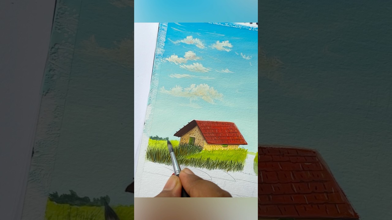 Village Scenery Drawing | Easy Landscape Painting with House, Tree & Boat #art #drawing #painting