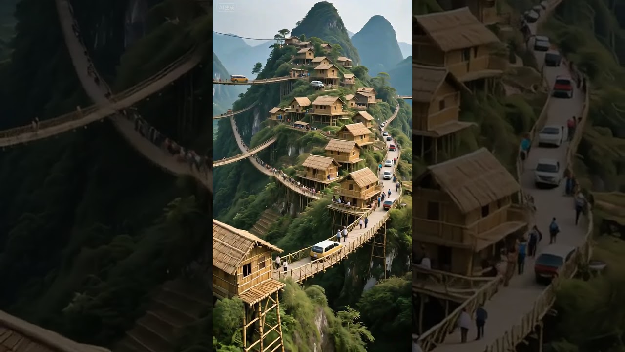 Wow, the houses in this mountain village are all made of bamboo, so beautiful #ancientbuildings #aer