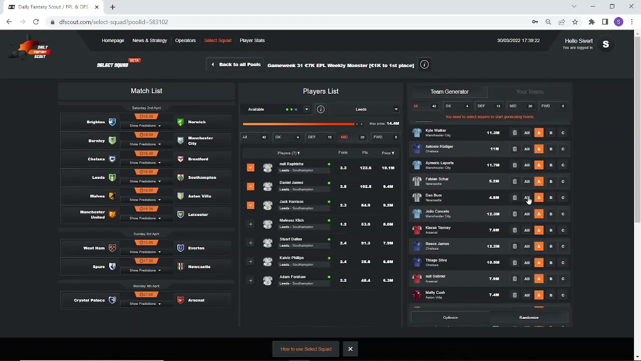 How select squad quickly generates multiple teams to Fanteam