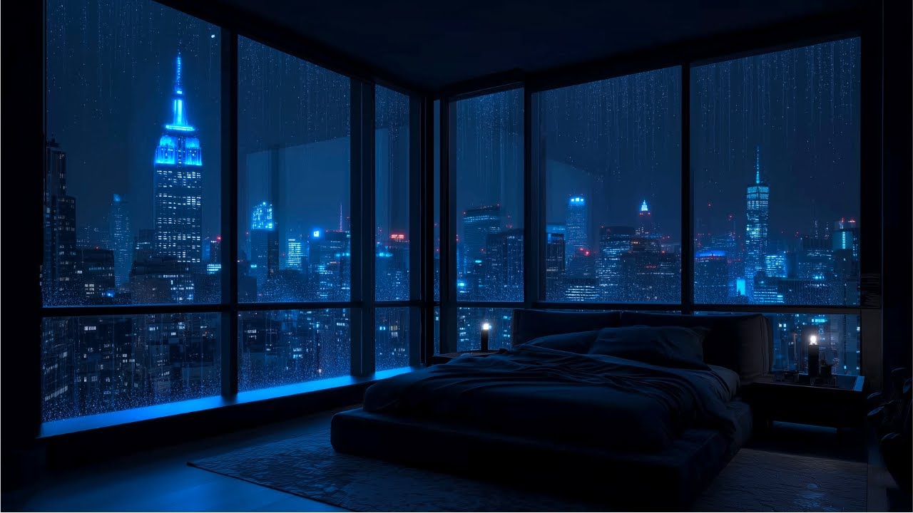 New York City Apartment Dark Bedroom with Rain Sounds, Soft Jazz Piano for Deep Sleep & Relaxing