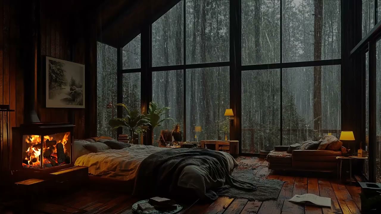 3 Hours of Rain and Fireplace Sounds in Cozy Forest Cabin for Relaxing Sleeping and Studying