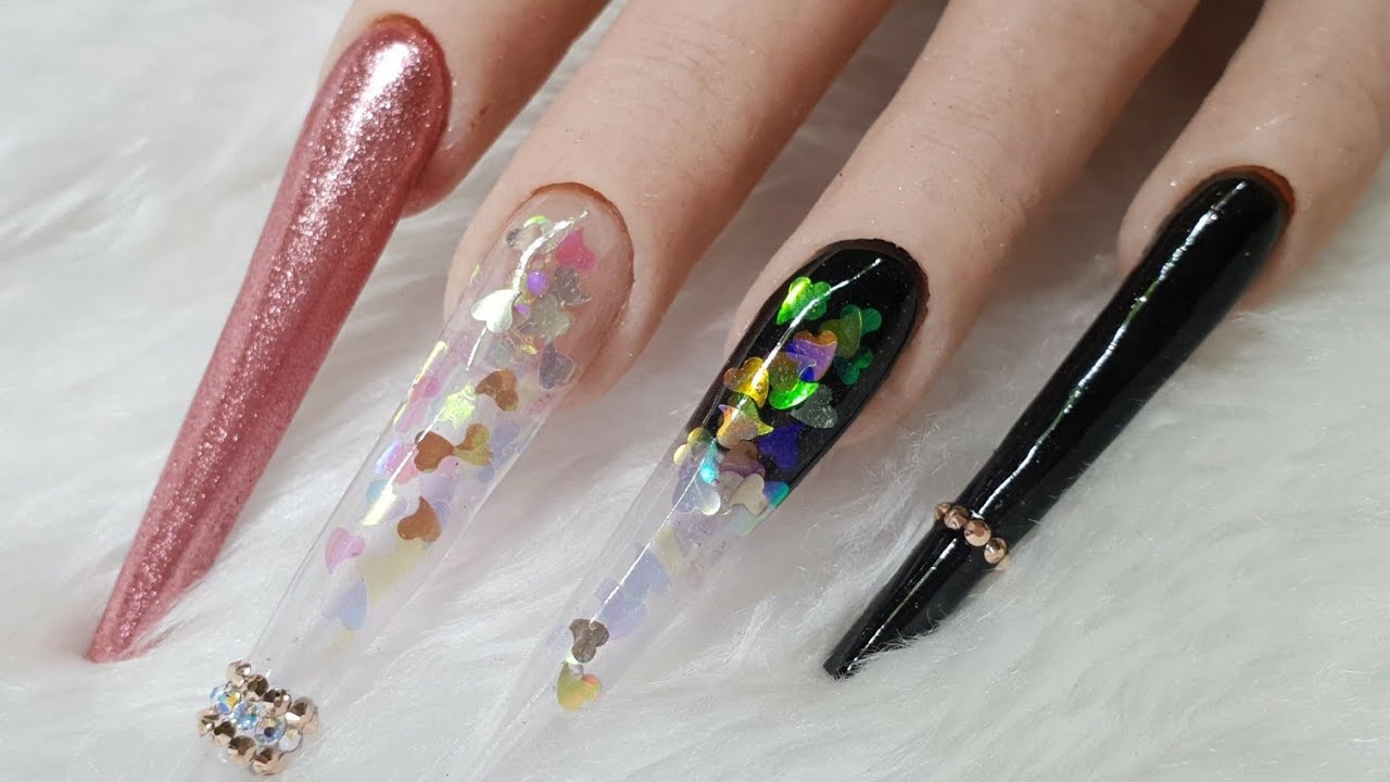 Extreme Length Acrylic Nails - Pink Sweetheart Design - Swarovski Crystals & Chrome Pigment
