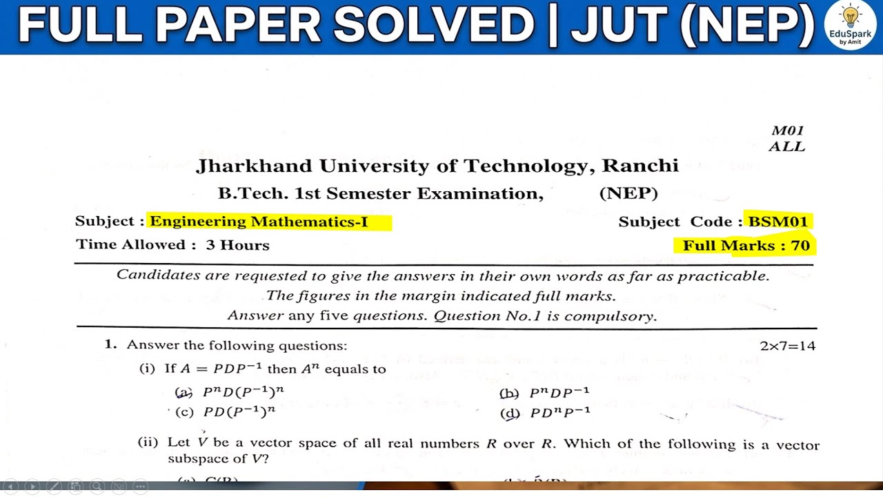 JUT Engineering Mathematics-1 (BSM01) 2023 Paper Solution | B.Tech 1st Sem | EduSpark by Amit
